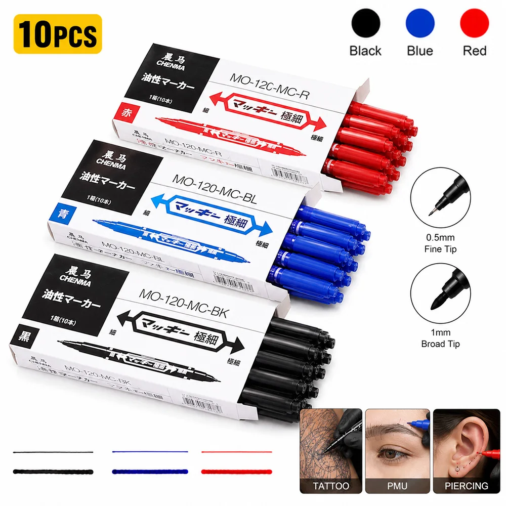 10PCS Tattoo Marker Pen Dual Tip Waterproof Skin Scribe Pen Tattoo Stencil Mapping Marker for PMU Microblading Eyebrow Piercing