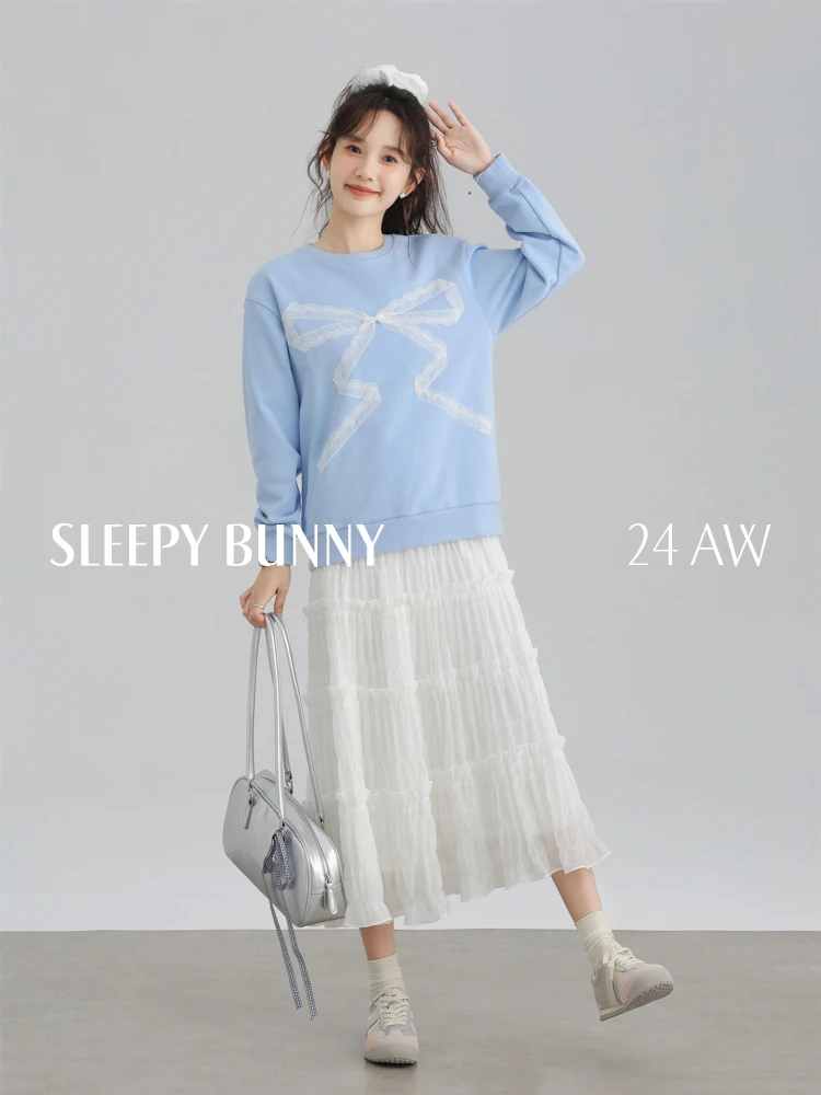 Felpa girocollo dolce allentata casual con fiocco in pizzo Pullover autunnale manica lunga oversize stile pigro Top unico e carino da donna