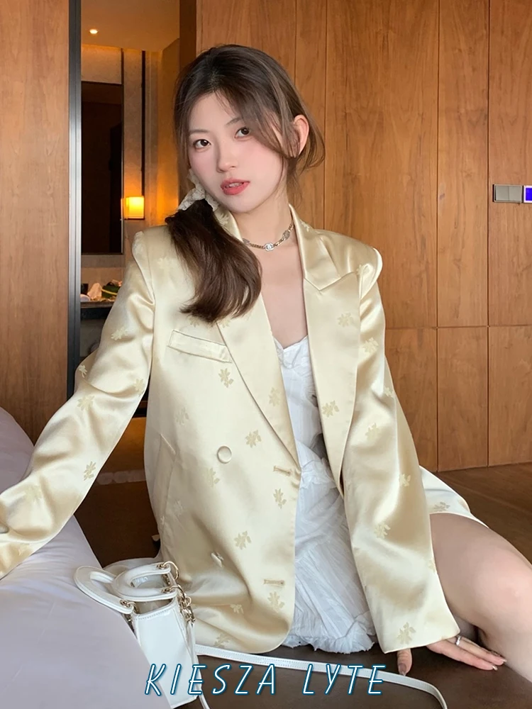 New Fashion Light Golden Satin Print Design Blazer for Women 2024 Spring Vintage Loose Casual Wide Lapel Suit Acetate Jacket