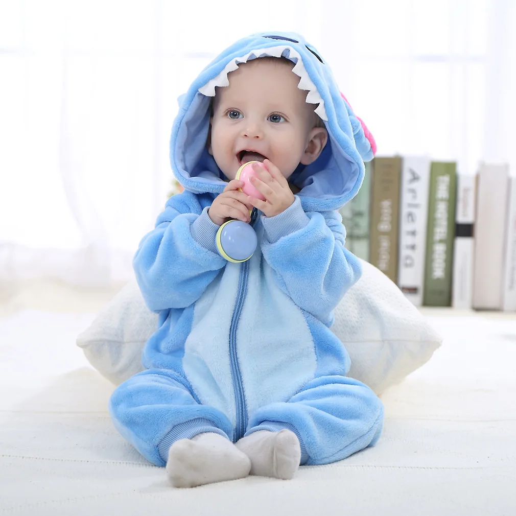 Disney Stitch Baby Jumpsuit Kids Cosplay Winter Flannel One-Pieces Hooded Jumpers Cartoon Cute Lounge Clothes Pyjamas