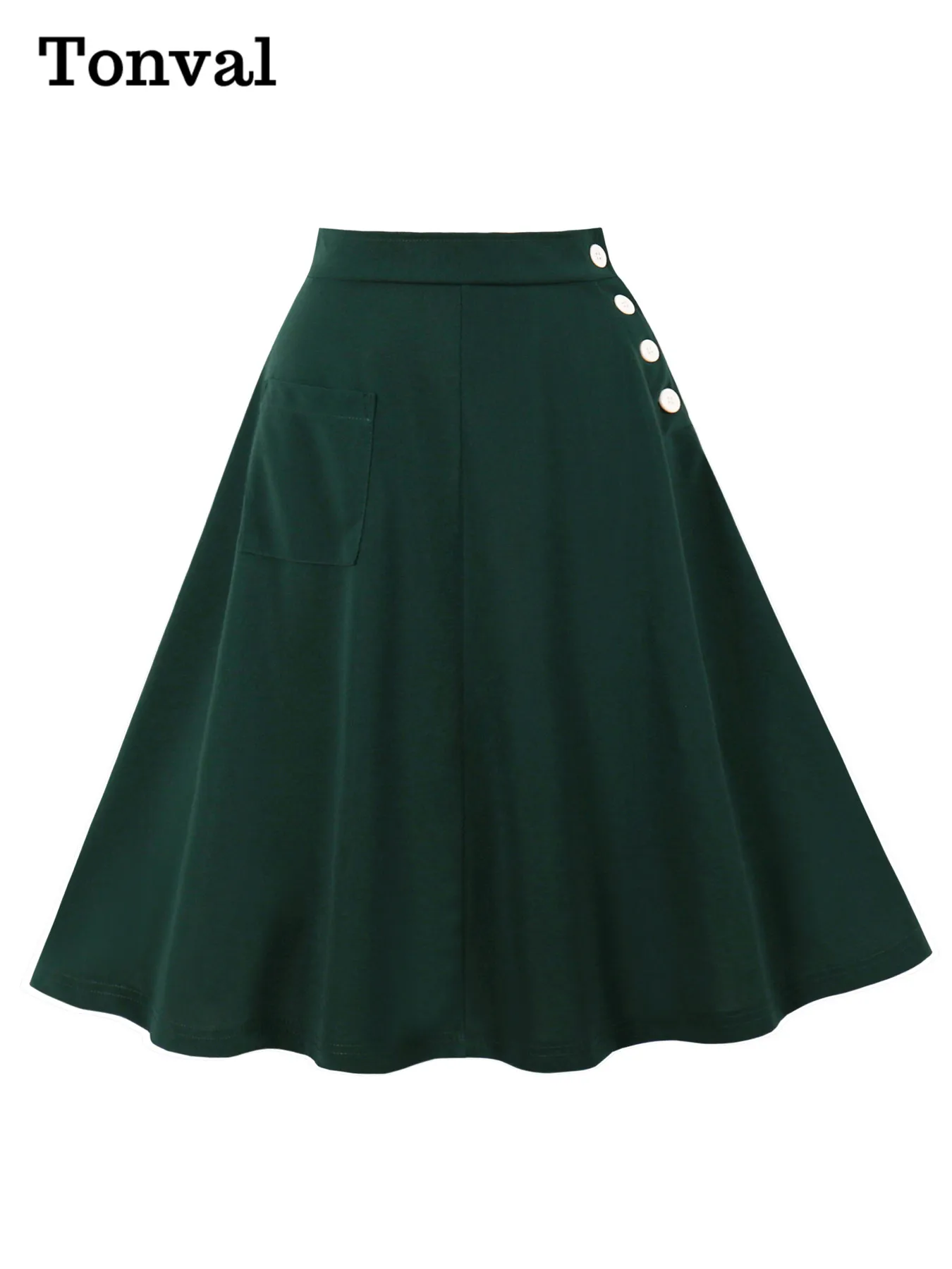 Tonval One Pocket Front Buttons Side Swing Skirt 2025 Vintage Clothes for Women Green Elegant Plain Skirts