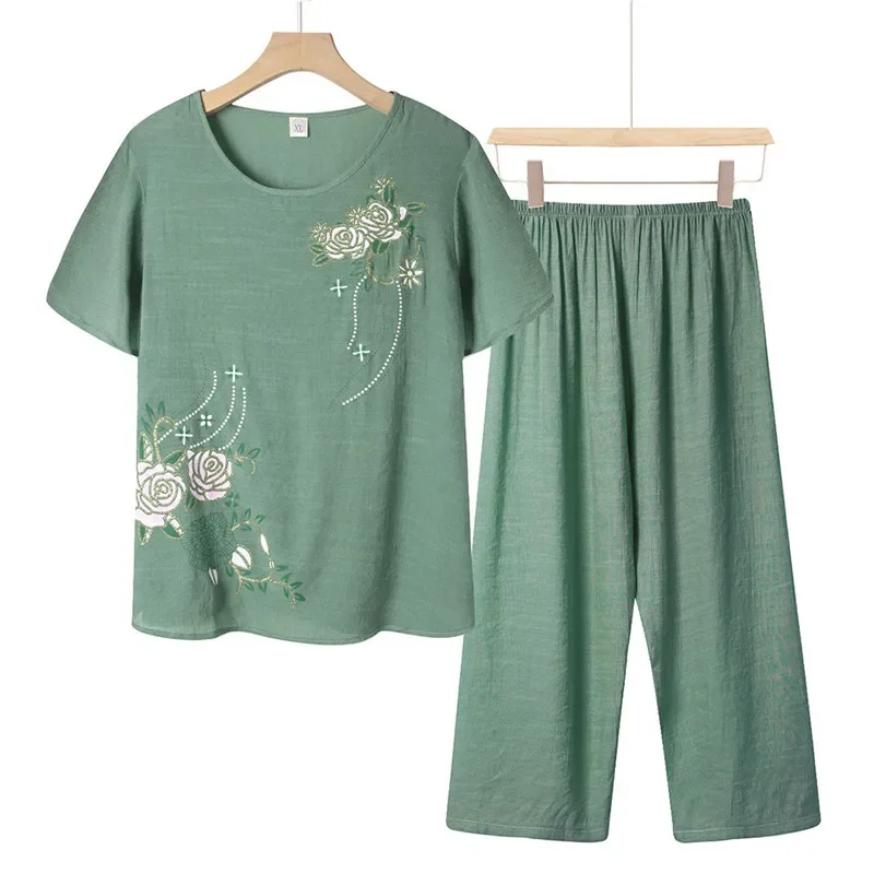 Dames Zomer Katoenen Linnen Korte Mouwen Tweedelige Set Zomer Dames Pyjama Top + Broek Tweedelige Set Home Service