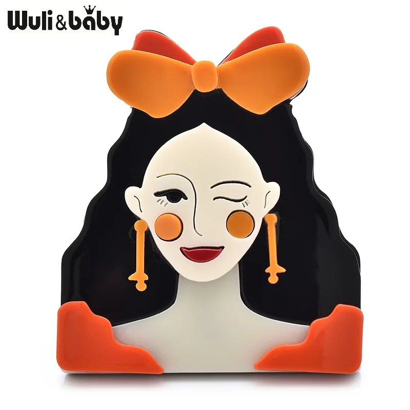 Wuli&baby Acrylic Wear Bowknot Wink Lady Brooches For Women 4-color Charming Girl Figure Party Office Brooch Pins Gifts