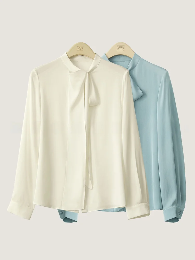 

Dkchenpin Silk Shirt Women's Long Sleeve Silk Shirt Elegant Draped Spring Summer Shirt Straight Cut Commute Style Pure Color