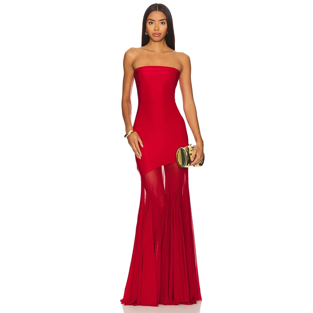 

Sexy Prom Dresses for Ladies Spandex Tulle Sheath/Column Valentine's Day Gown Red Strapless Ruched Evening Dress Long 2024