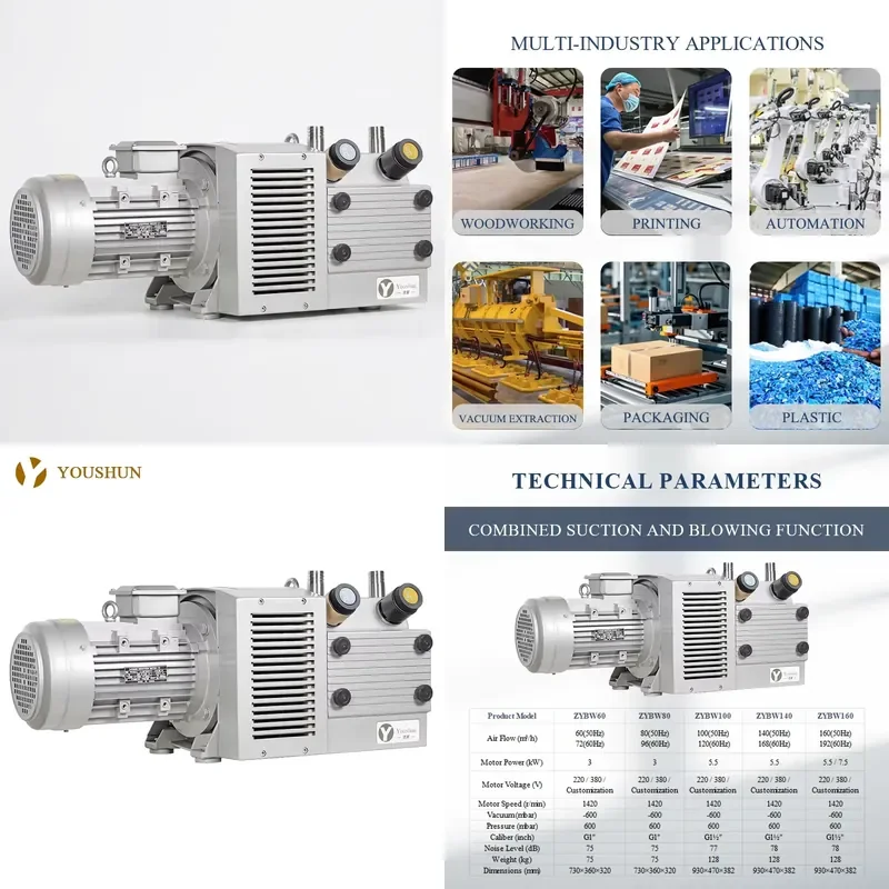 YouShun ZYBW80 4kW 80m3/h Low Blowing Vacuum Oil Free Dry Rotary Vane Compound Pump Fully Automatic Control OEM Machining