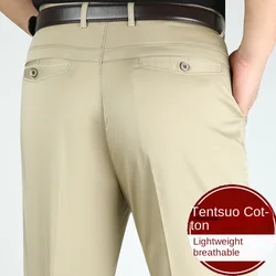 High Waist Black Casual Pants Men Thin Summer Khaki White Lyocell Straight Stretch Dress Trousers For Men 38 40 42