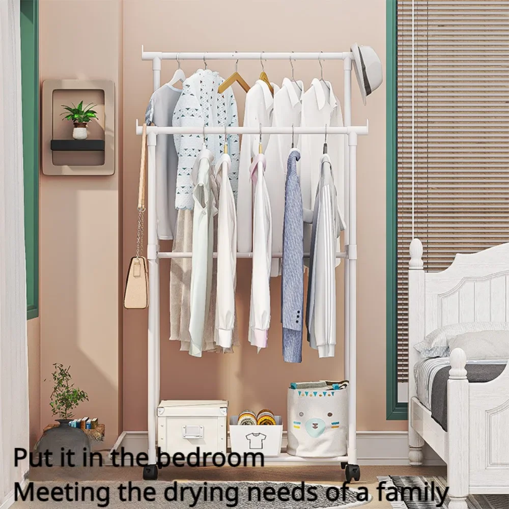 Double Rod Clothes Rack Floor Multifunctional Portable Hanger Storage Clothes Rack Movable Bedroom Shelf  With Wheel Coat Shelfs