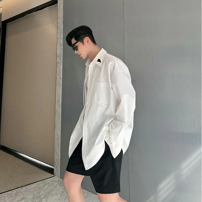 

Spring Summer Casual Pure Color Wide Shape Love Stitch Long Sleeve Shirt Men Women Trendy Match Outerwear Youth Popular Style