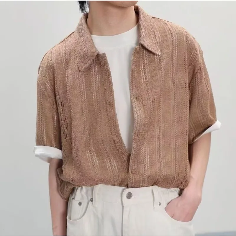 Men Hollow Out Striped Knit Short Sleeve Shirt Turn Down Collar Button Down Casual Blouse Breathable See Through Summer Top