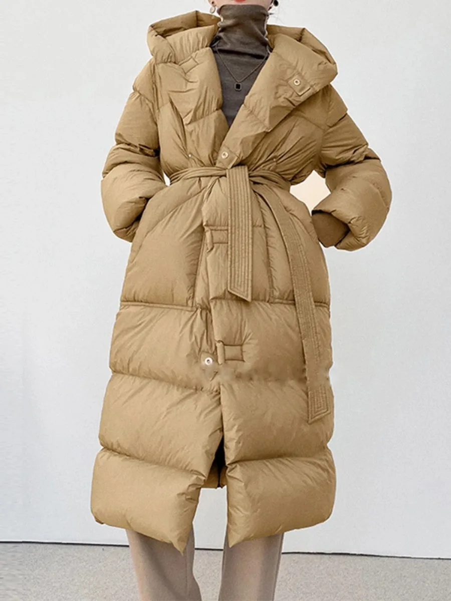 New White Duck Down Winter Puffer Jacket Women Solid Thick Warm Female Sashes Tie Up Over The Knee Coat Fashion Oversize Hooded