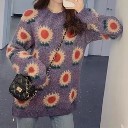 Women's Clothing Round Neck Casual Vintage Floral Sweaters Autumn Winter Fashion Loose Long Sleeve Knitted Pullovers for Female