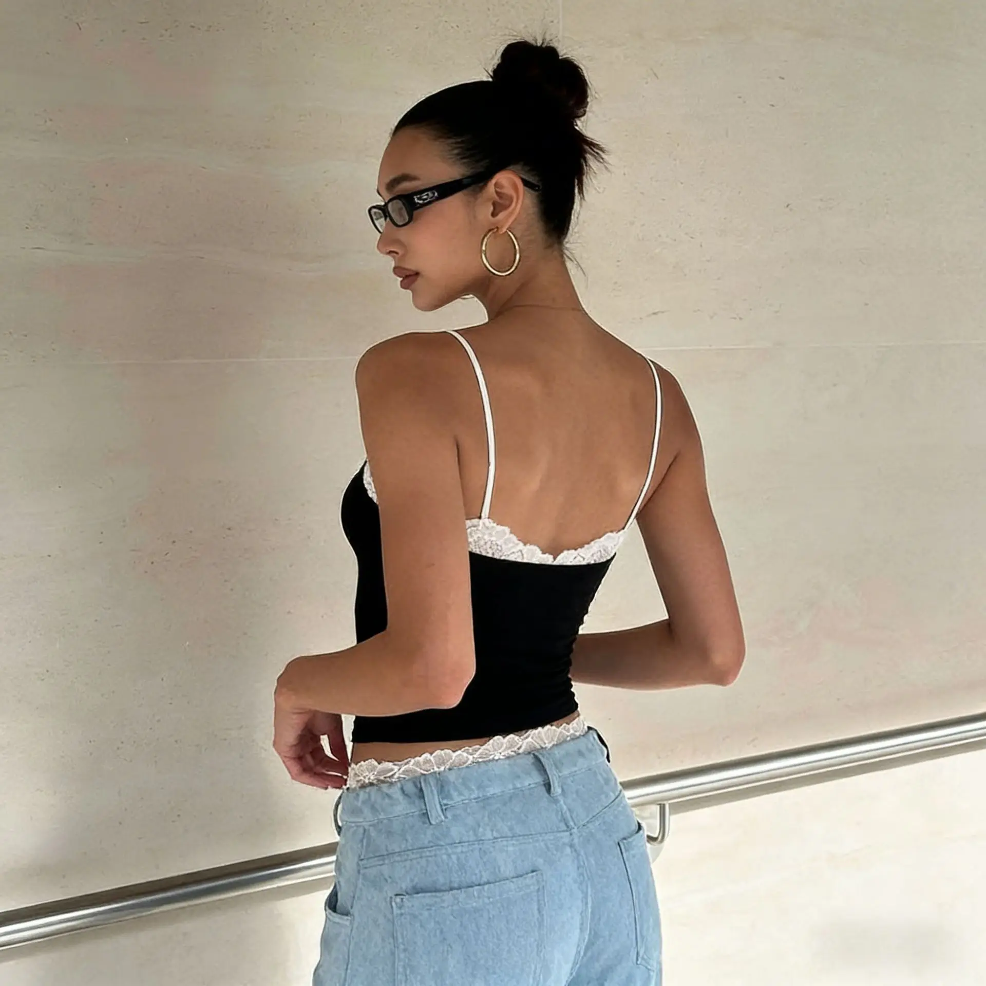 Cryptographic Summer Lace Trim Camisole Tops Club Party Outfits Backless Streetwear Sleeveless Crop Top Coquette Clothes