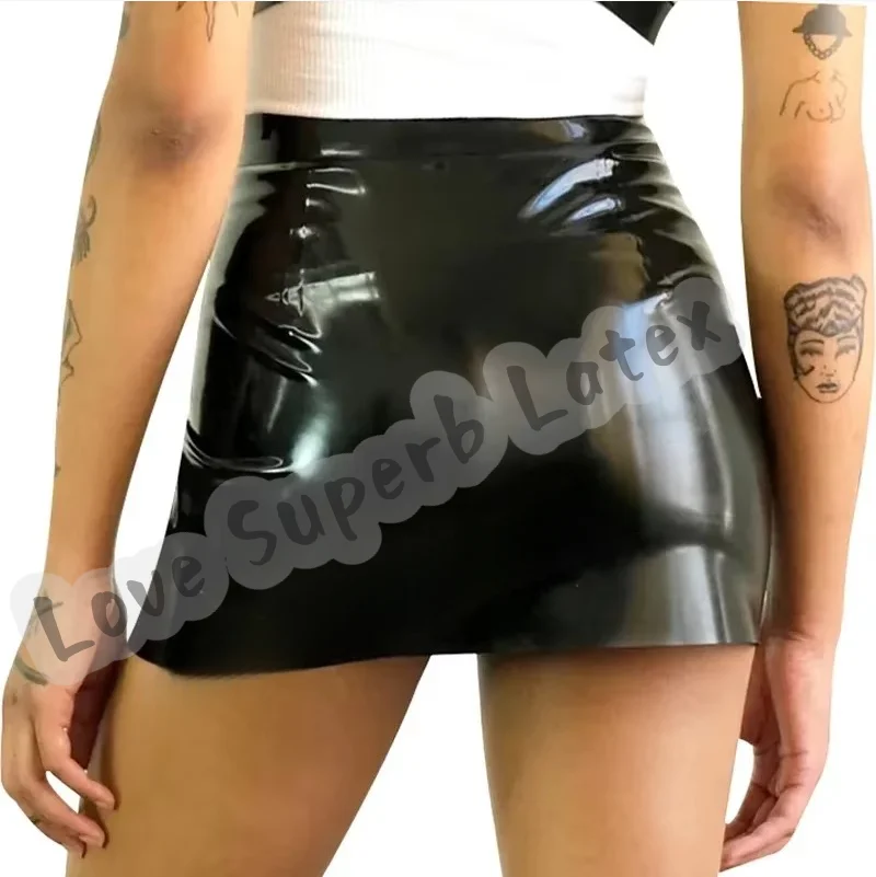 黒のセクシーなミニラテックススカート膝上フロントベルトジッパーポケットフラップゴムボトムス