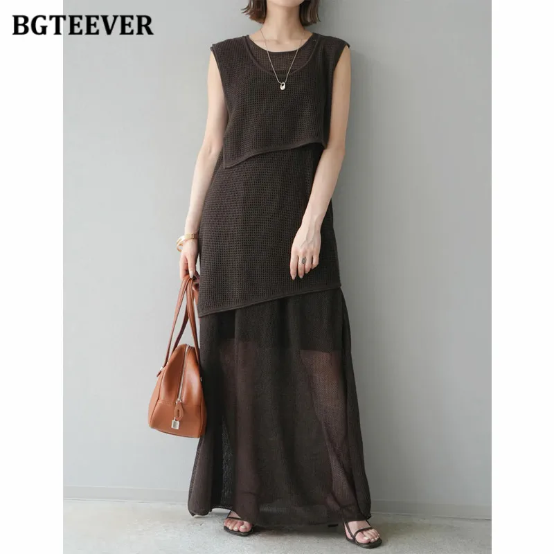 

BGTEEVER Summer Loose Women Knitted Outfits O-neck Sleeveless Irregular Vests & Long Skirts Female 2 Pieces Set