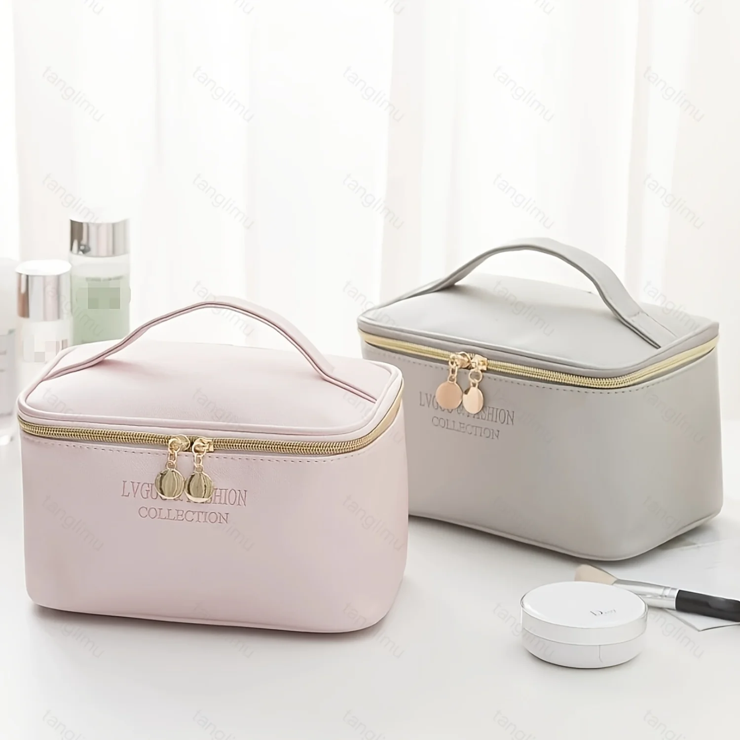 

Zipper Cosmetic Bag, Simple Letter Detail Travel Toiletry Organizer Portable Makeup Bag With Handle