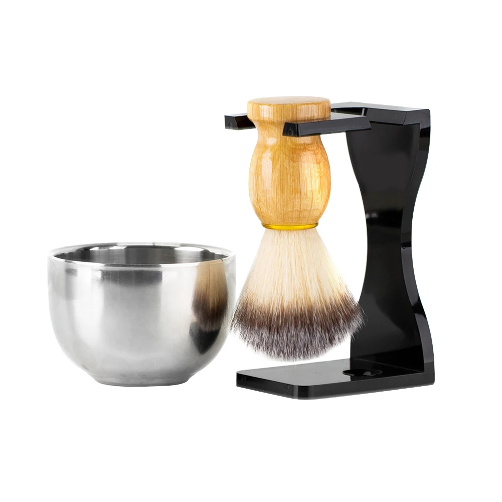 

3 In 1 Men Beard Cleaning Tool with Acrylic Stand Steel Bowl Bristle Hair Shaving Brush Soft Beard Clean Shaver Kit Gift for Men