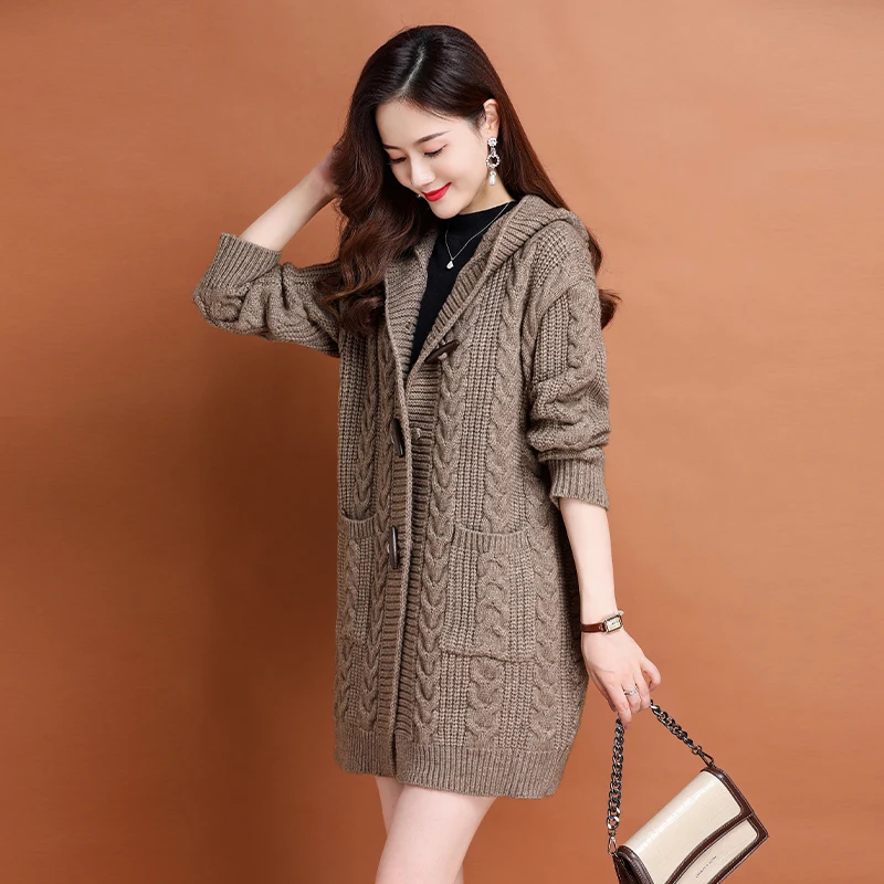 Autumn Winter New Women Hooded Knitting Coat Camel Beige Dark Gray Bull Horn Buckle Design Knitwear Bulky Rib Cable-Knit Sweater