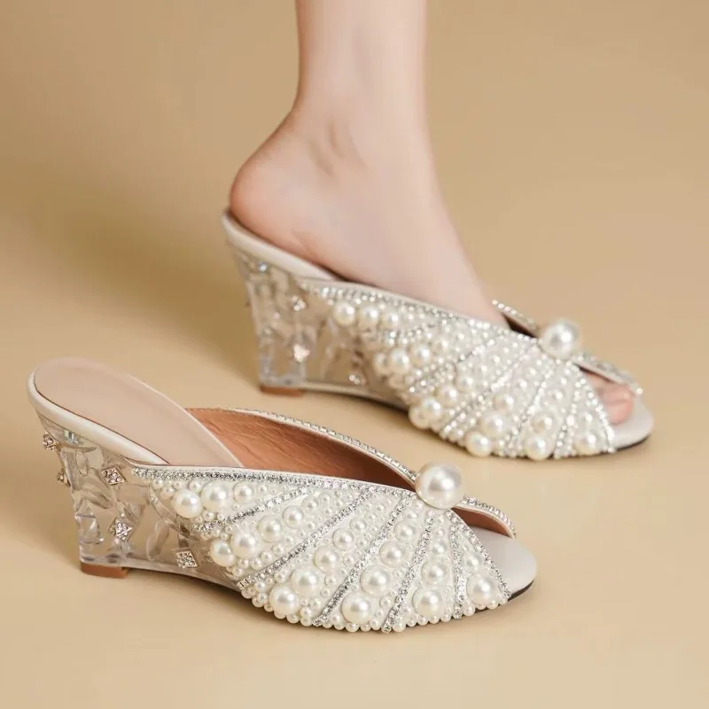 Outdoor Fairy Style Pearl Water Diamond High Heels Slope Heels Fish Mouth Shoes Women's Party Height Boosting Baotou Slippers