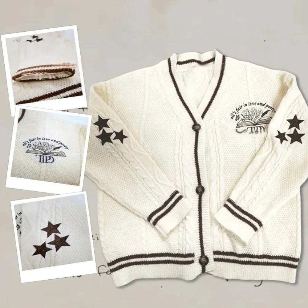 Spring New Star Embroidery V-neck Single Breasted Causal Women Cardigan American Vintage Loose Knitted Sweater Coat Y2k Top