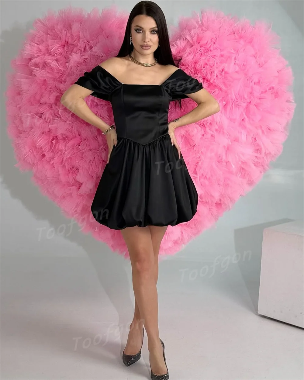 Toofan с открытыми плечами, черные короткие платья для выпускного вечера, атласные трапециевидные пышные вечерние платья, женские драпированные платья для выпускного вечера по индивидуальному заказу