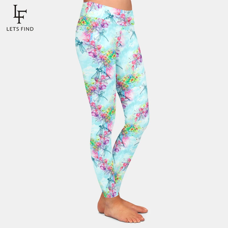 LETSFIND 2020 New Dragonflies and Flowers Print Cute Women Leggings High Waist  Soft Stretch Leggings