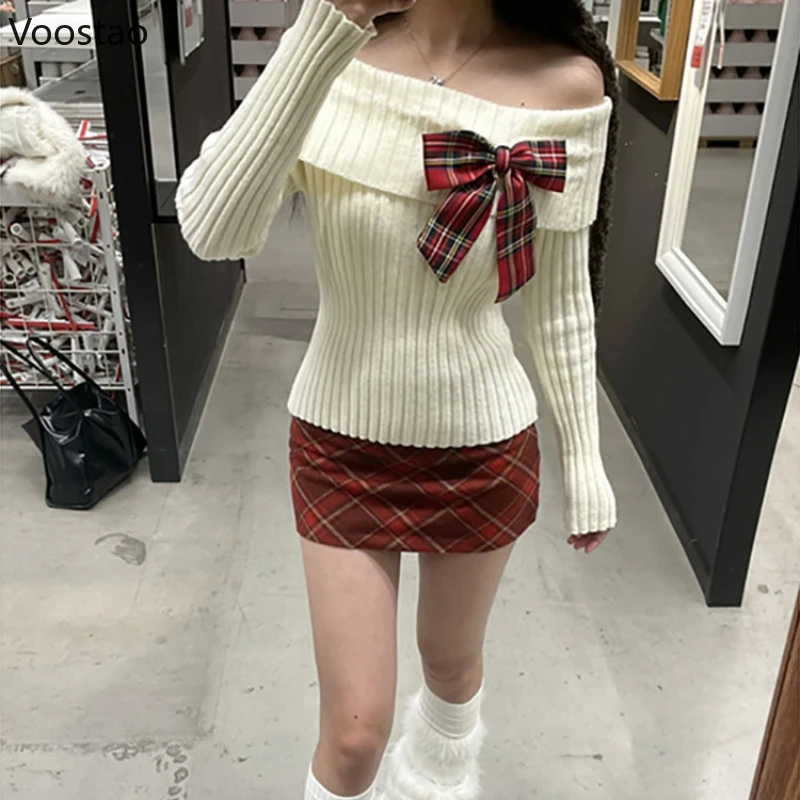 Autumn Winter Sweet Knitted Two Piece Sets Women Elegant Bow Sweater Tops Retro Plaid Mini Skirt Suit Harajuku Sexy Y2k Outfits