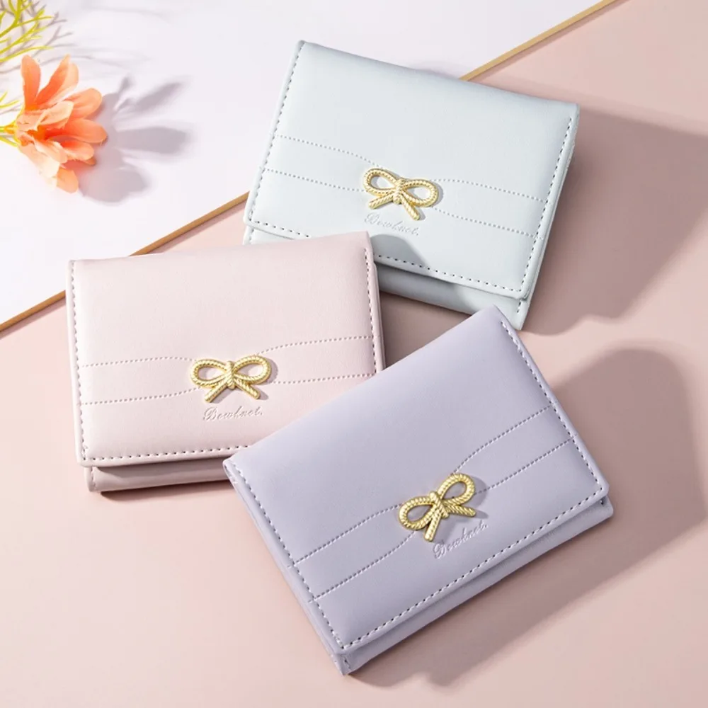 Simple Cute Bow Tri-fold Short Wallet PU Multiple Card Positions Small Wallet Multifunctional Card Holder Daily Use