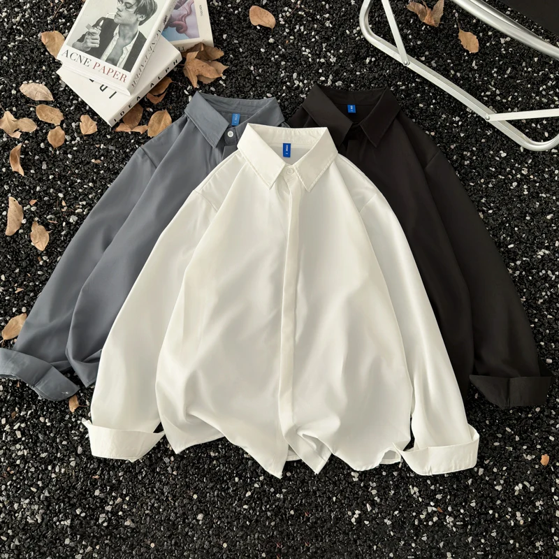 

White Drapey Long Sleeve Shirt for Women Dark Button Loose Inner Wear Korean Style Versatile Japanese Style Color Shirt
