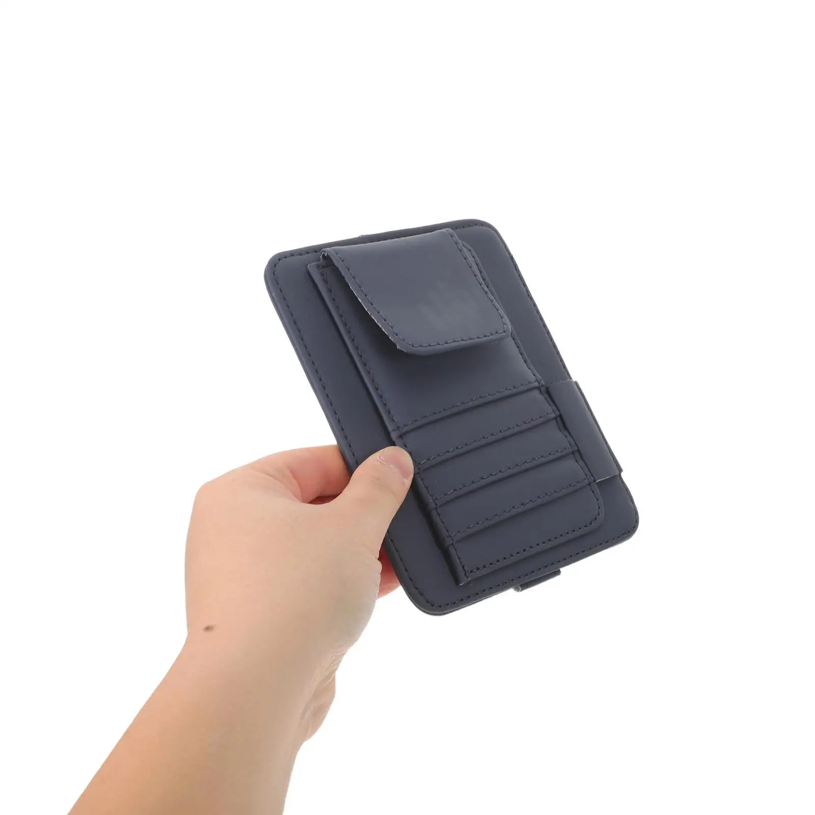 

Multi-Pocket Car Visor Organizer Blue PU Pouch with Pen Holder Sunglass Clip Elastic Bands for Auto Interior Receipt Document