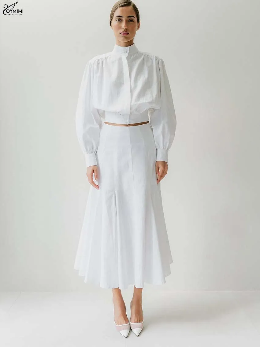 

Oymimi Elegant White Cotton Women' S Clothes 2 Piece Sets Fashion O-Neck Long Sleeve Button Crop Shirts And Pleated Skirts Sets