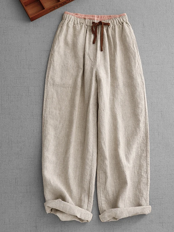 

Широкие брюки с высокой талией, цветные блузки, льняные брюки прямого кроя с эластичной резинкой на талии, летние повседневные брюки для женщин больших размеров