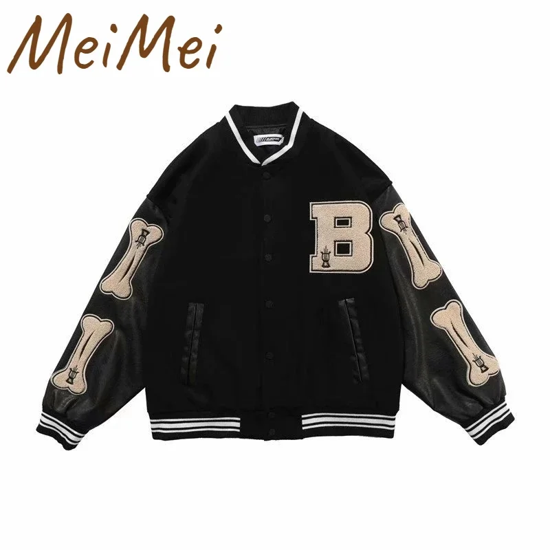 

Personality Bone Pattern Coats High Street Hip-hop Letter B Jacket for Men Stitching Stand-up Collar Embroidered Baseball Suit