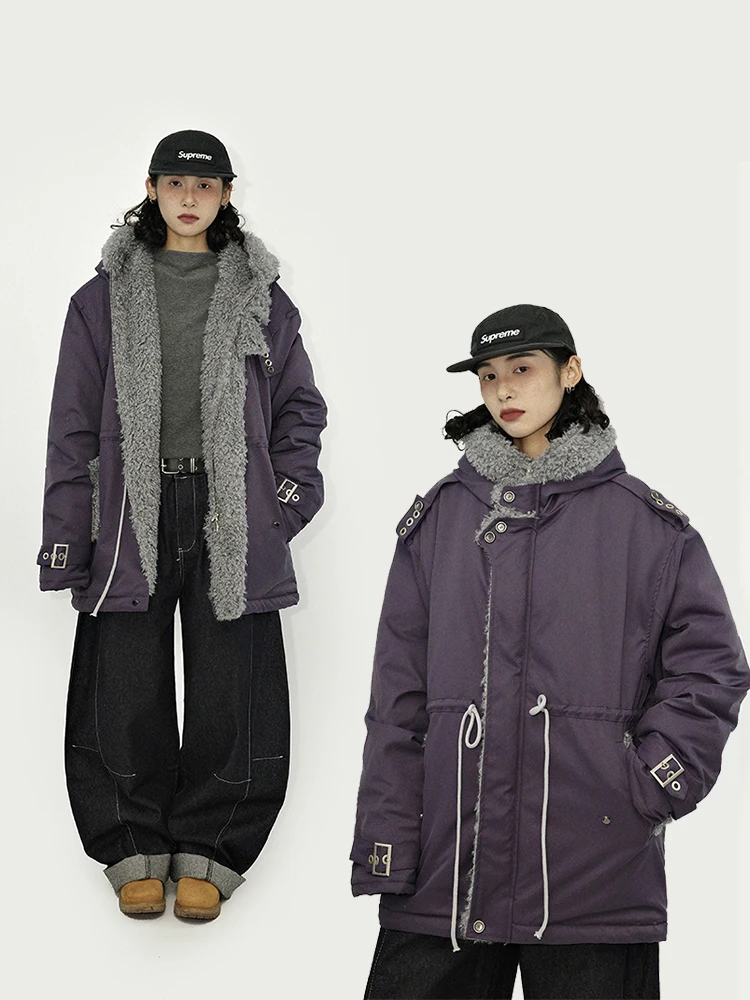 

Guluwo Winter Warm Long Cotton Jacket Unisex Loose Fit Hooded Coat Purple Fur Collar Street Style Thickened Zipper Closure