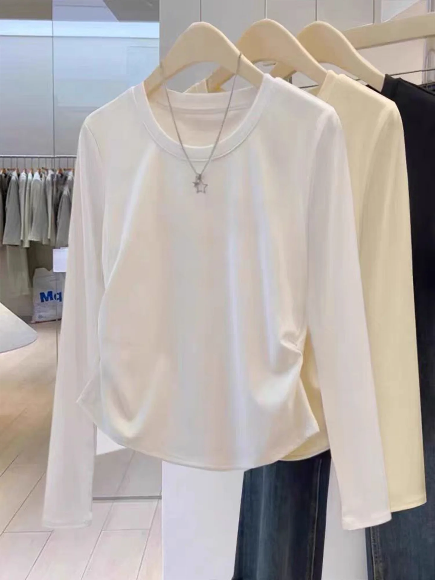 เสื้อยืดผู้หญิงผ้าฝ้ายแท้ทรงยาว ดีไซน์จีบเข้ารูปช่วงเอว สไตล์เกาหลี เหมาะสำหรับใส่ทำงาน