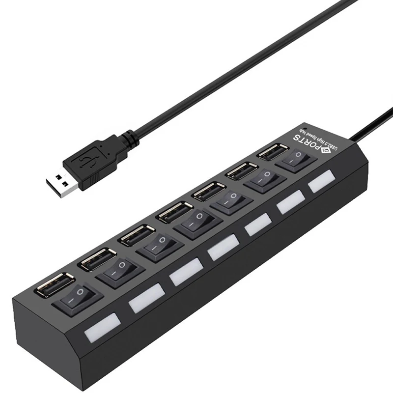 1 hub USB à 7 ports – Extenseur d'adaptateur haute vitesse avec conception portable, séparateurs de commutateur USB pratiques pour ordinateurs et ordinateurs portables