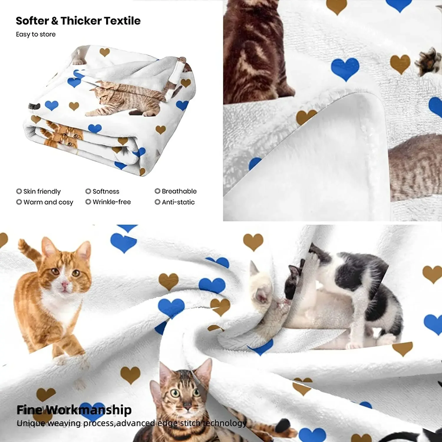 Cute Cat Blanket Super Soft Flannel Fleece Throw Blankets Kids Adults for Bedding Bedroom Living Rooms Sofa Full Season 50