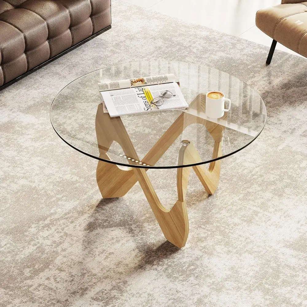 

Round Living Room Coffee Table with S-Shaped Wood Legs and Transparent Glass Top, 31.5W × 31.5D × 16.53H, Natural