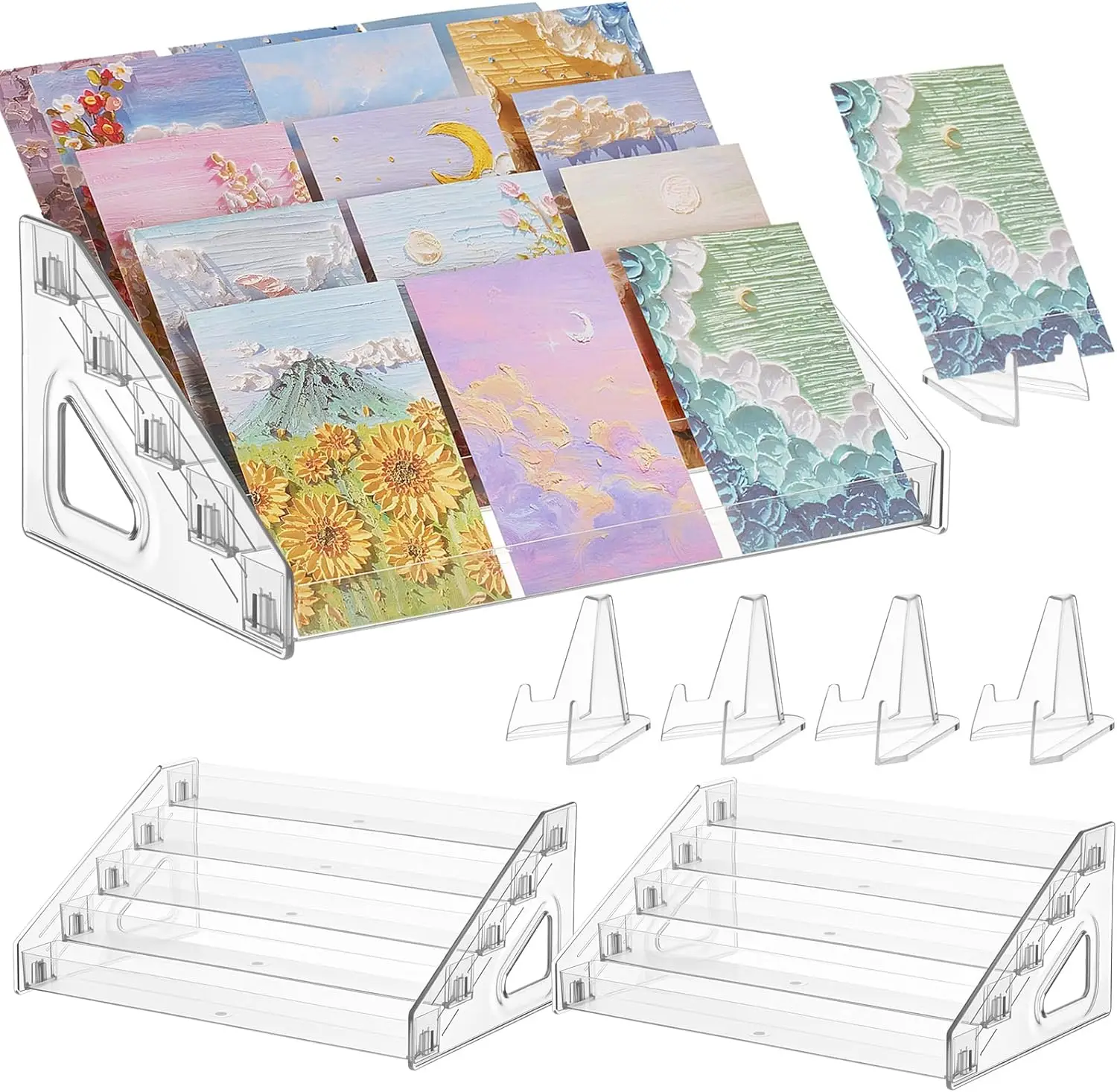 2 Pack 5 Tier Acrylic Card Display Stand with 4 Mini Triangle Display Holder for Greeting Sports Cards,Postcards, Business Cards