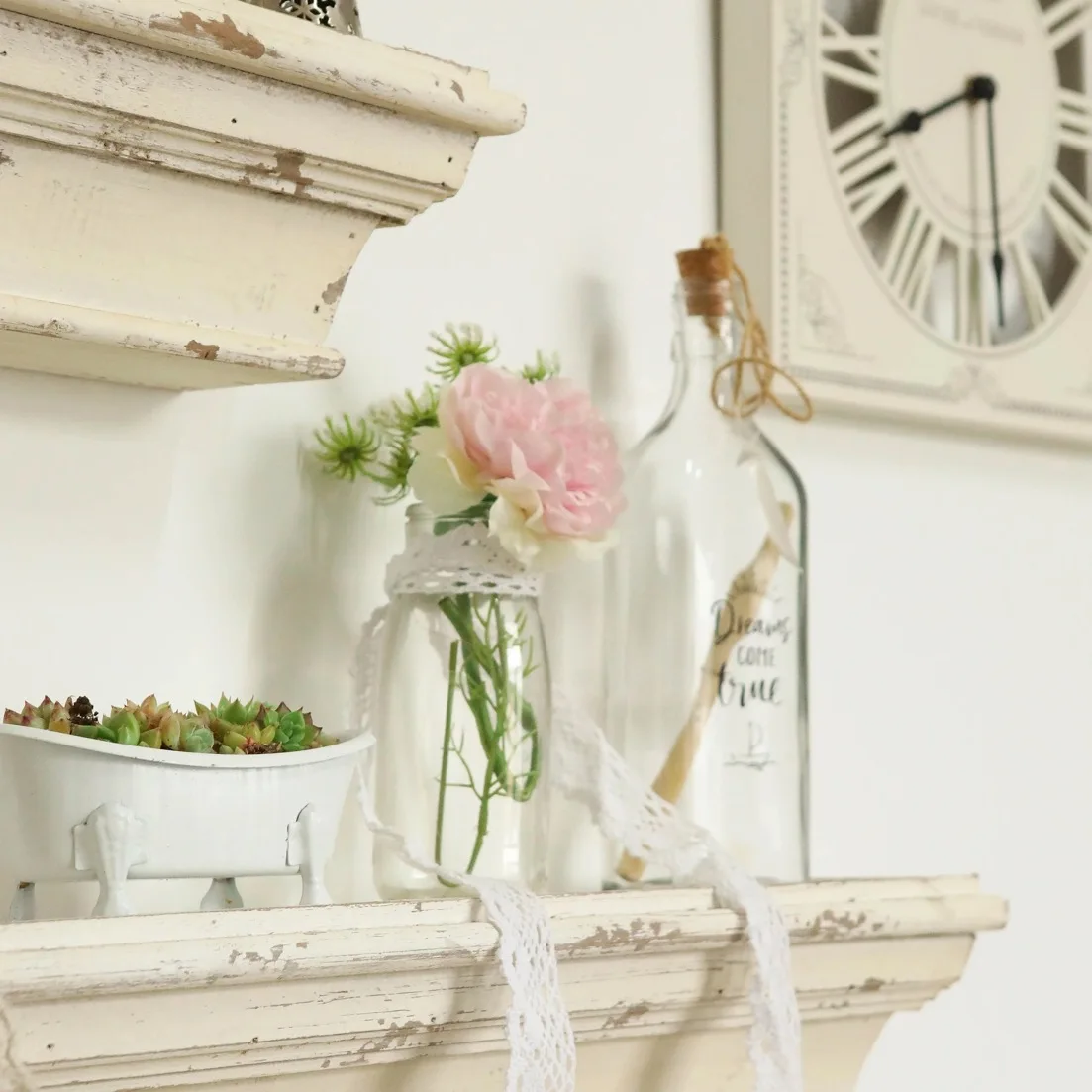 Vintage Floating Wall Shelves Set of 2, White Distressed Wood, 24 and 36 inches, Nordic Style