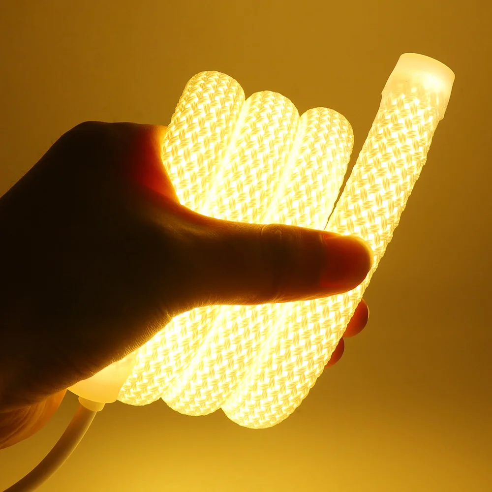 Warm white neon rope held in a hand