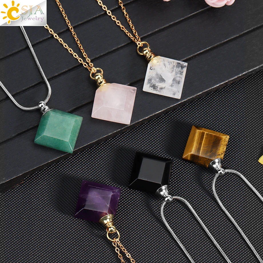 Silver Color Natural Stone Perfume Bottle Necklace Rhombus Crystal Pendant Essential Oil Stailness Steel Chain Necklaces H417