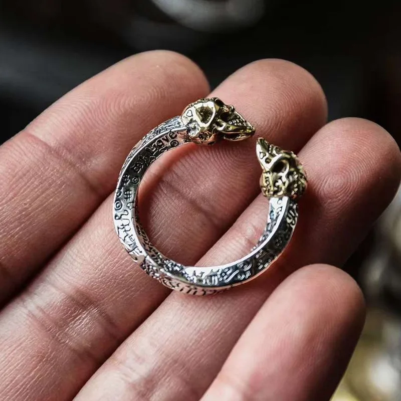 Retro ring, Thai silver jewelry, couple's skull, niche personality, punk trendsetter, spiral letter ring