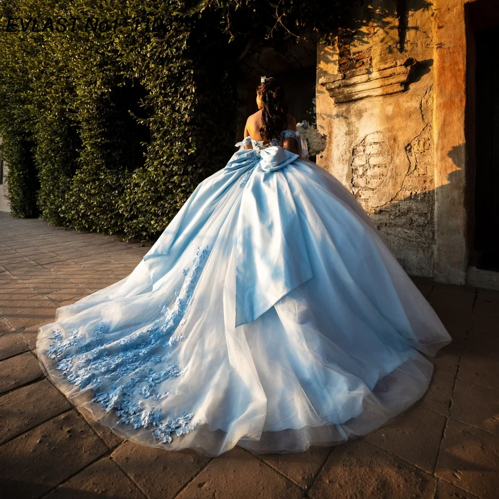 

EVLAST Customized Glitter Sky Blue Ball Gown Quinceanera Dress Shiny Applique Beading Bow Sweet 16 Vestidos De 15 Anos E1QN289