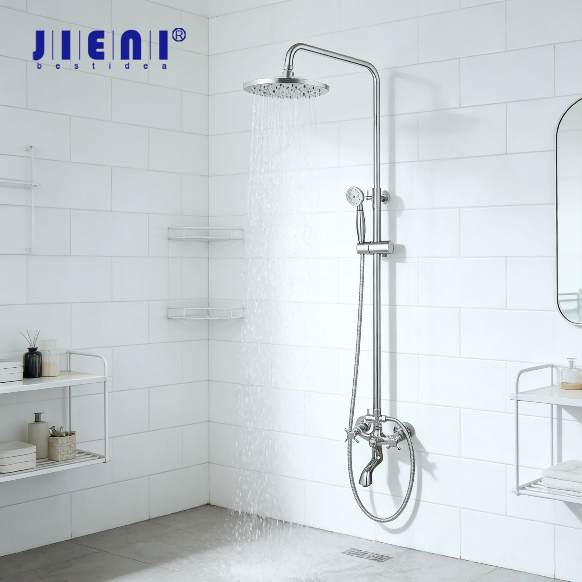 

JIENI хромированный набор смесителей для душа, 8-дюймовая насадка для душа с дождевой насадкой, 3-функциональное приспособление для душа с изливом для ванны, 2 ручка с поперечной устойчивостью, душевая система