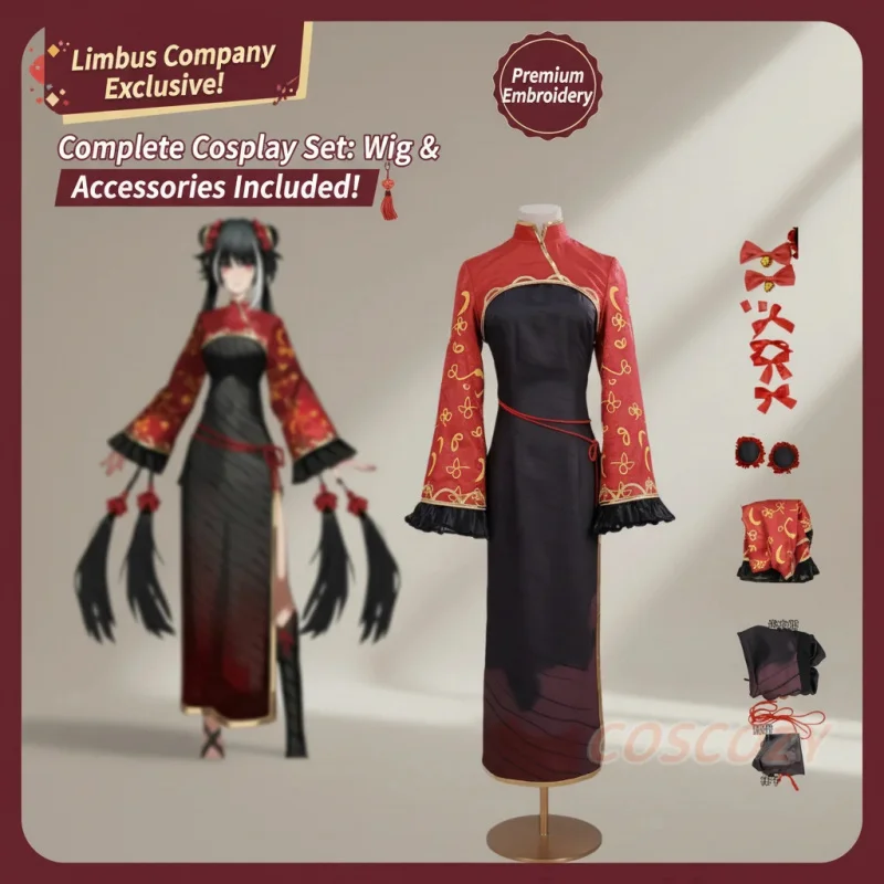 

✠ZTON ✠ZTON Limbus Company Jia Xichun Cosplay Costume Red Cheongsam Suit Wig Embroidered Uniforms Women Halloween Carnival Pa✠❥L