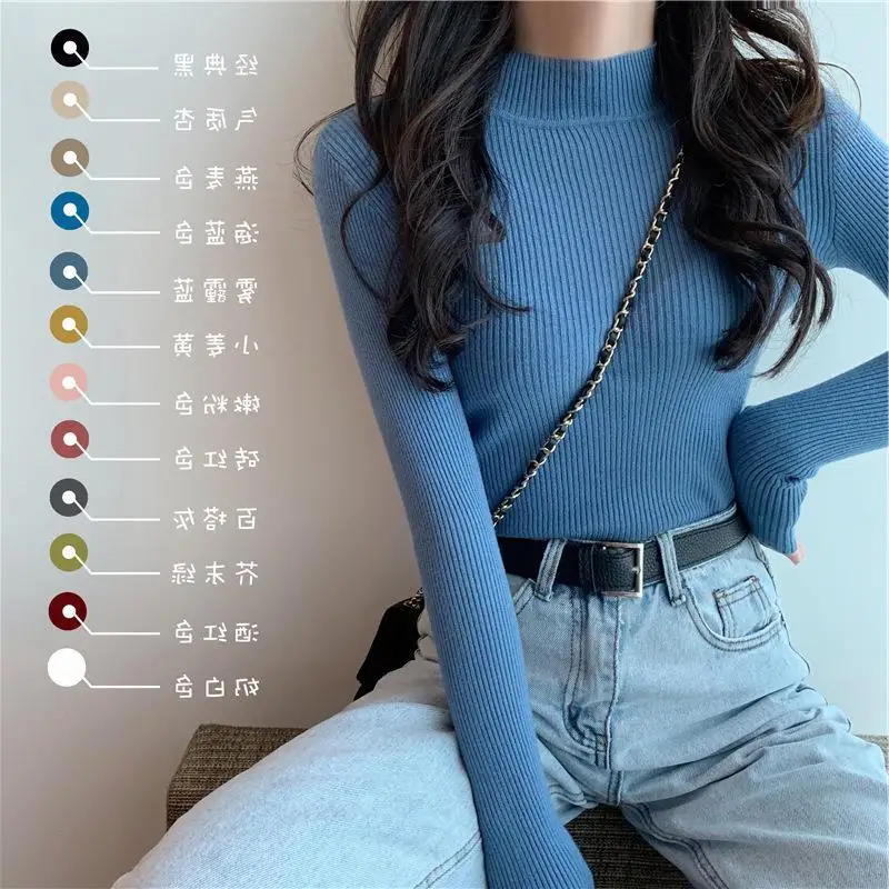 

Winter Sweater Women Japan and Korea Casual Solid Color Simple Basic Model Slim Versatile Mock Neck Pullover Knit Sweater Jumper