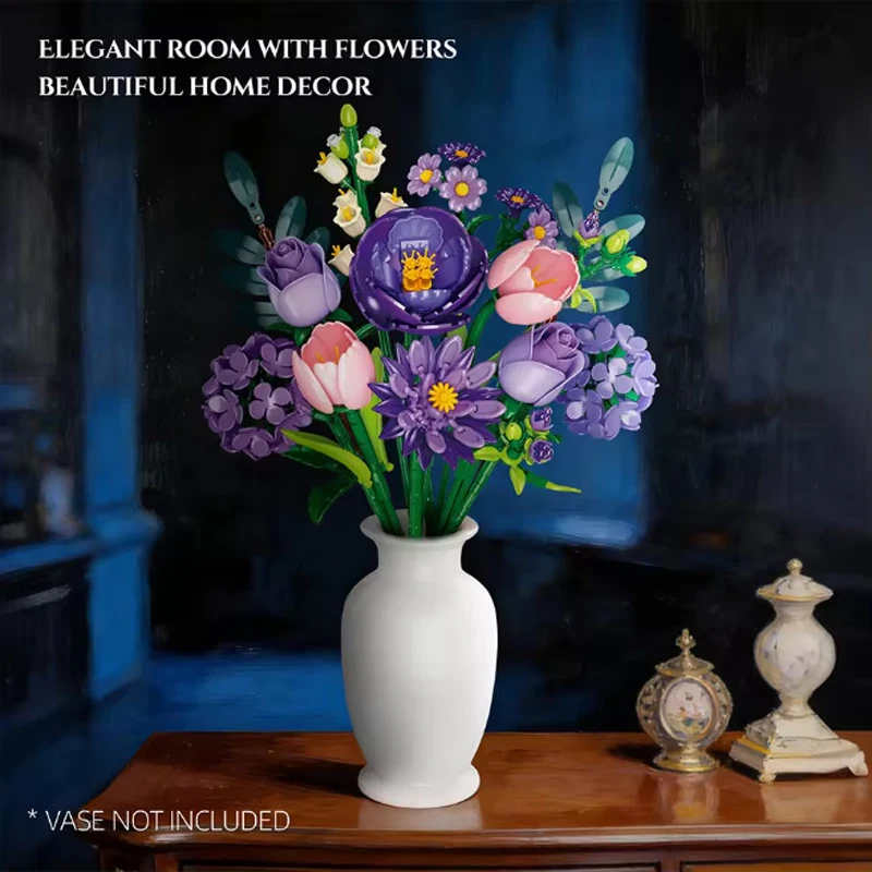 Tulip Rose Sunflower Building Set - Realistic Flower Bouquet Model Kit, Creative Educational Toy Gift