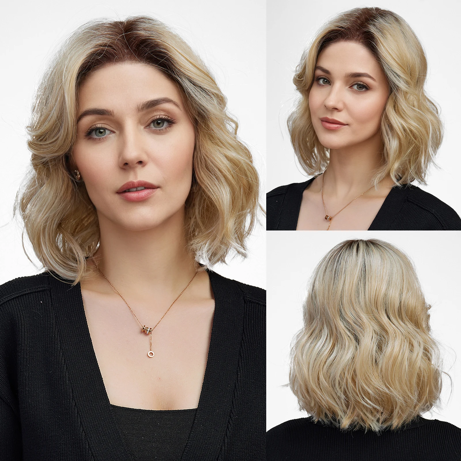 

Mono Lace Wig Blonde Hair Dark Root for Women Natural Lifelike Lace Front Pixie Cut Synthetic Wig Daily Use Heat Resistant Fiber