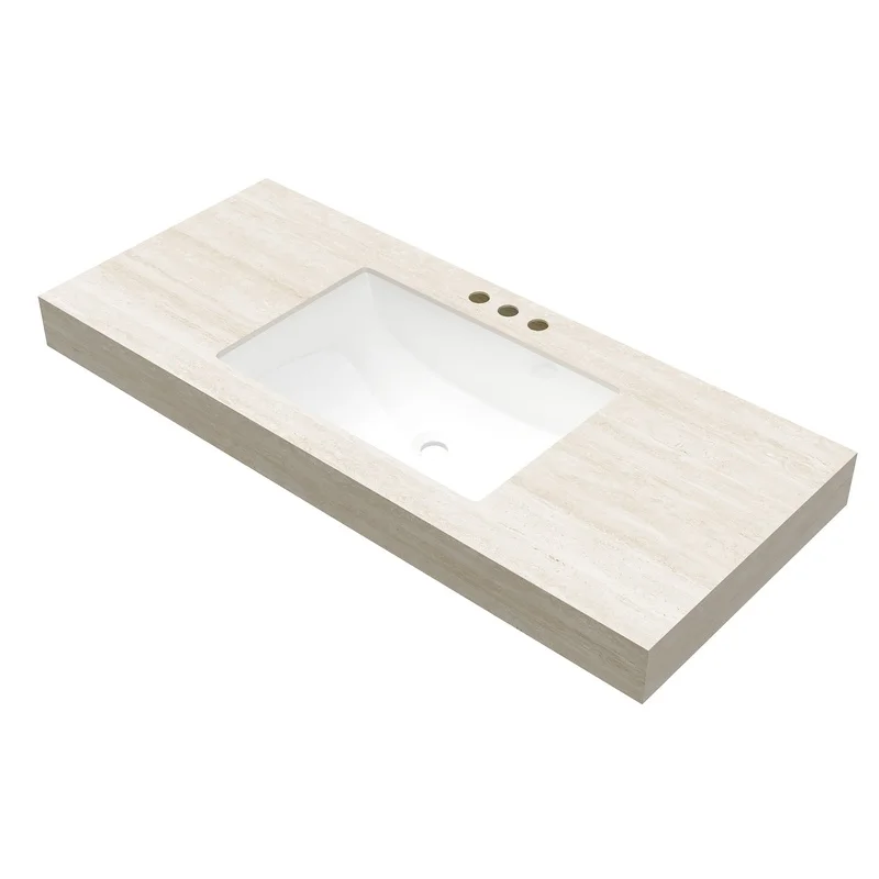 

48" Sintered Stone Countertop with Travertine Pattern and Undermount Ceramic Basin, 3 Faucet Holes, No Cabinet or Faucet Included